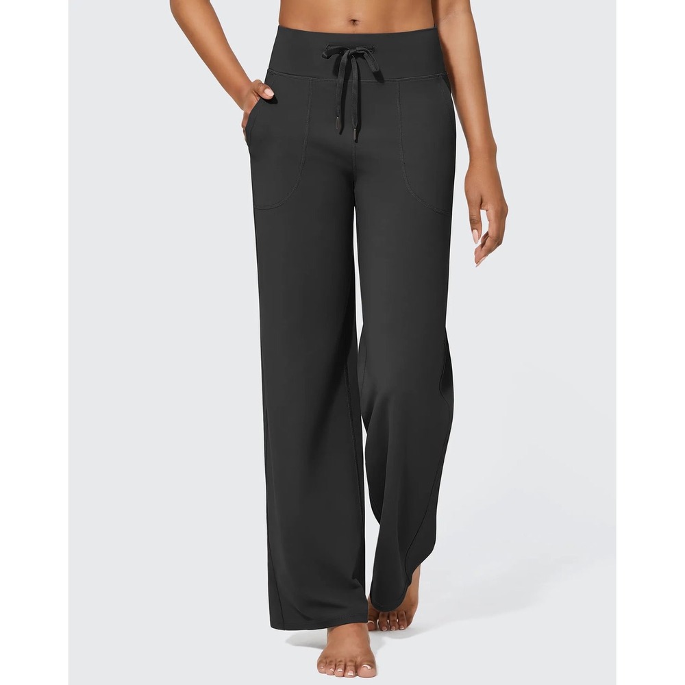 G4Free Womens Wide Leg Yoga Pants Black High Waisted Drawstring Pockets